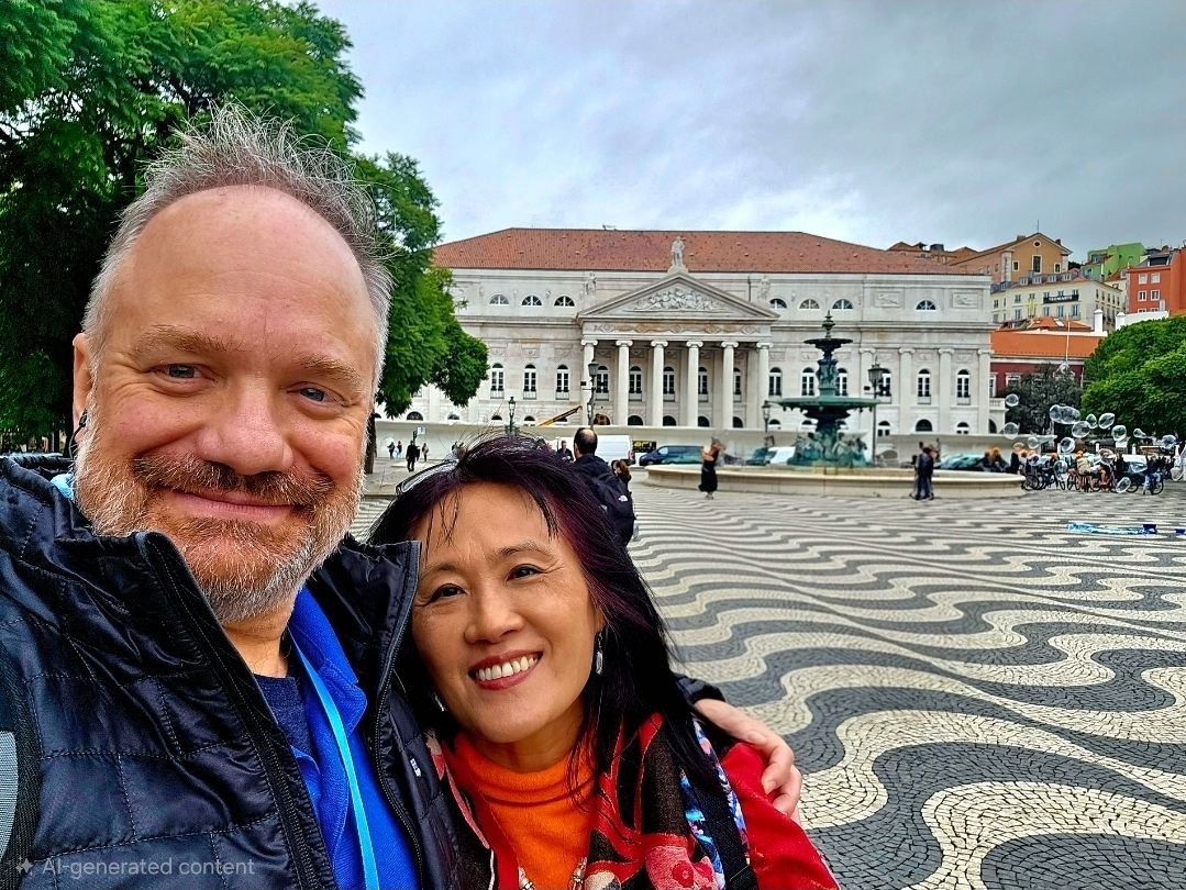 Bradford Rowland and his wife in Rossio Square, Lisbon